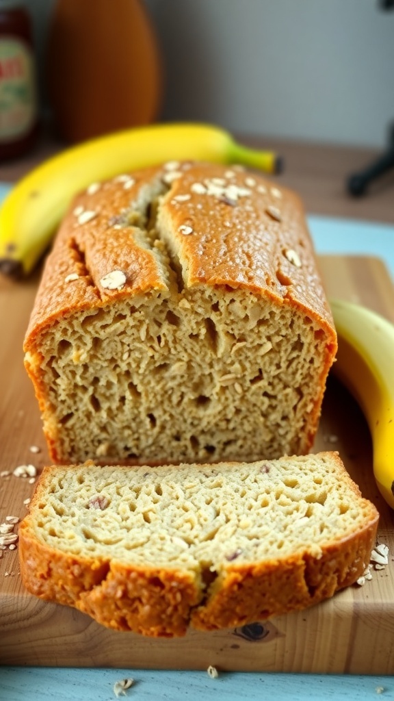 Sliced oatmeal banana bread on a cutting board with ripe bananas and oats.